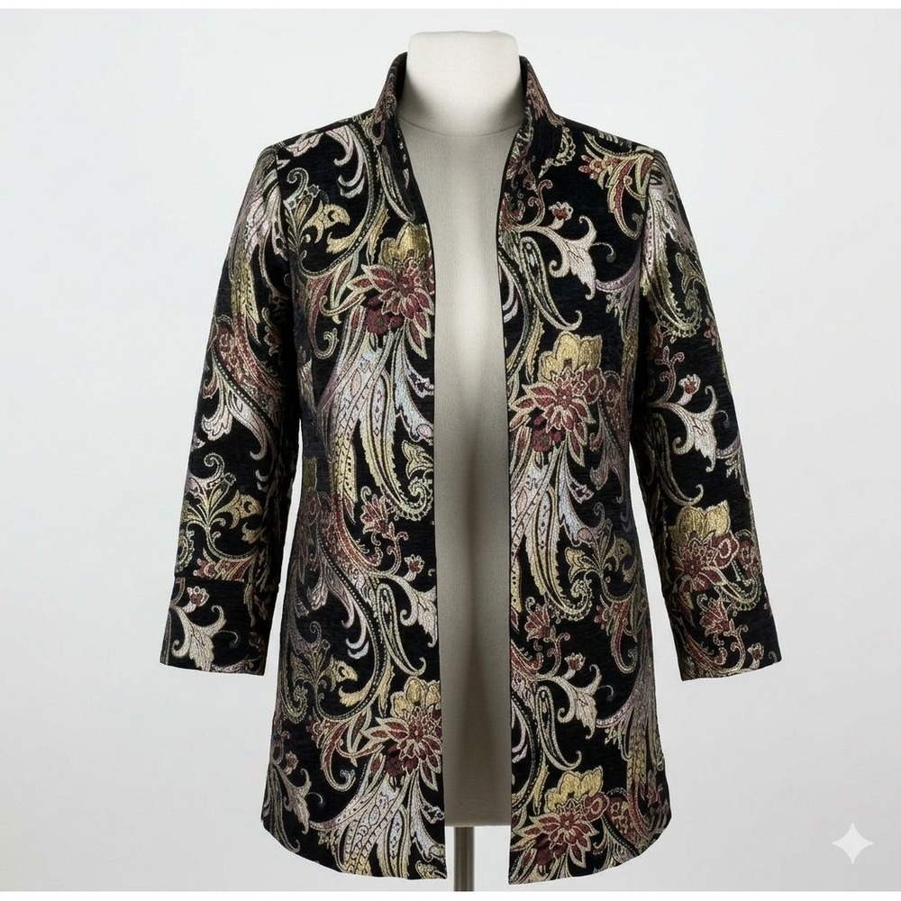 Heidi Daus Jacket M Brocade Paisley Black Metallic Tapestry Satin Boho Open Coat